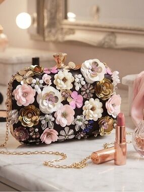 3D Floral Embellished Black Satin Evening Clutch Prom Wedding Guest Festival
